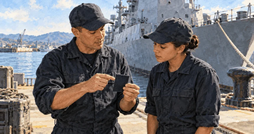 Conceptual painting of two sailors examine a blank uniform patch beside a ship.