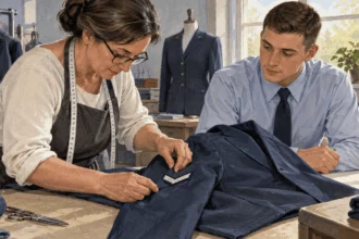 Conceptual painting of a tailor aligning an Airman rank chevron on a service jacket sleeve as an airman watches.