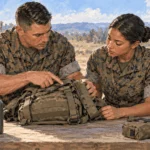 Painted illustration of an experienced Marine mentoring another service member at a training workbench.