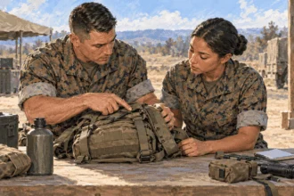 Painted illustration of an experienced Marine mentoring another service member at a training workbench.