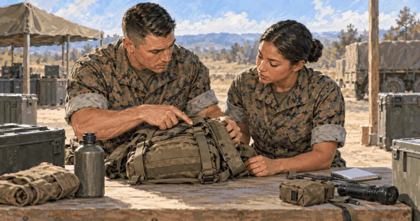 Painted illustration of an experienced Marine mentoring another service member at a training workbench.