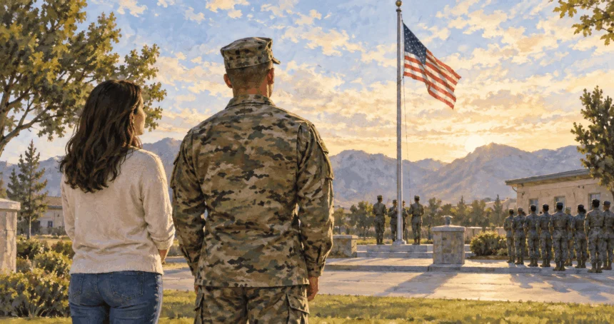 Conceptual painting of a civilian visitor and service member pausing at a base ceremony.