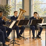 Conceptual painting of a military brass ensemble rehearsing.