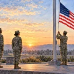Service members attend a morning U.S. flag raising at a military base.