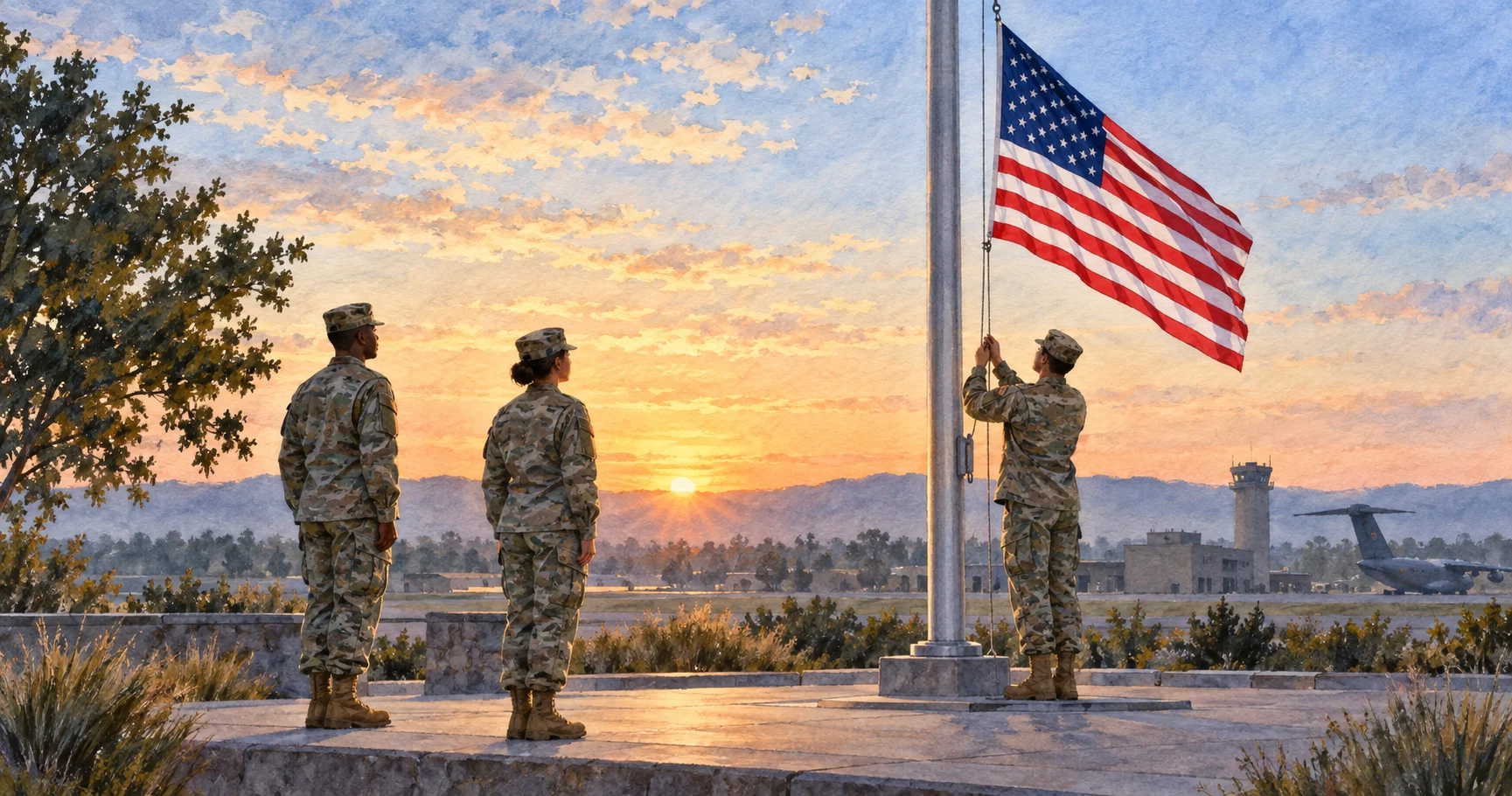 Service members attend a morning U.S. flag raising at a military base.