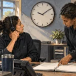 Conceptual painting of dispatchers checking a clock and a shift log.