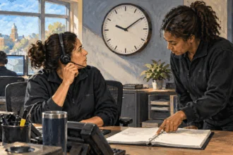 Conceptual painting of dispatchers checking a clock and a shift log.