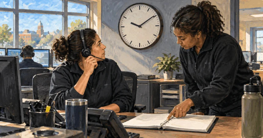 Conceptual painting of dispatchers checking a clock and a shift log.