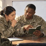 Conceptual painting of one service member helping another interpret a pocket guide in a training room.