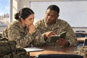Conceptual painting of one service member helping another interpret a pocket guide in a training room.