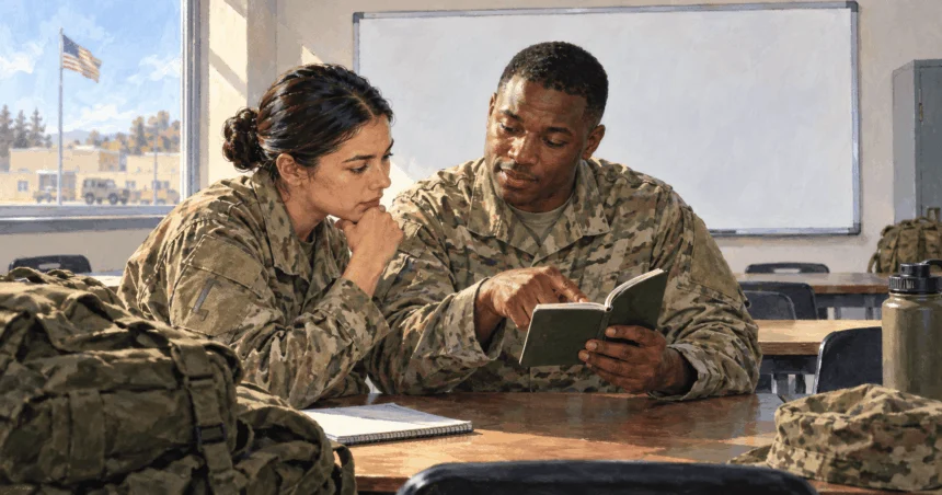 Conceptual painting of one service member helping another interpret a pocket guide in a training room.
