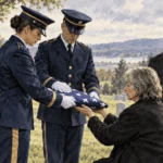 Painted illustration of an honor guard folding a flag before a veteran’s family member.