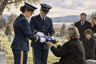 Painted illustration of an honor guard folding a flag before a veteran’s family member.