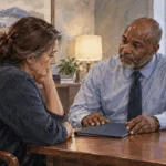 Conceptual painting of a family member discussing burial benefits with a veterans service counselor.