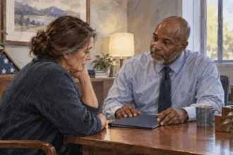 Conceptual painting of a family member discussing burial benefits with a veterans service counselor.