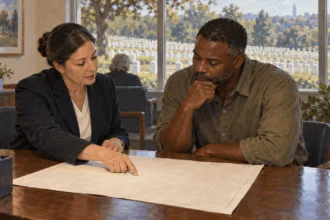 Conceptual painting of a family member reviewing cemetery information with a staffer.