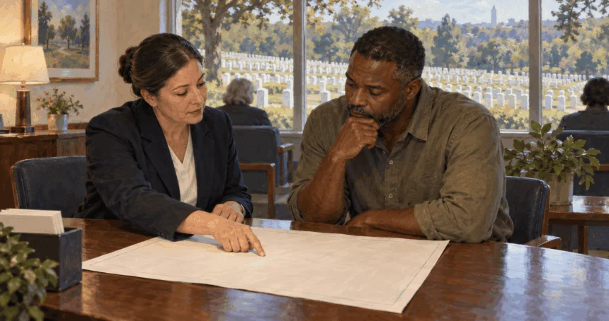 Conceptual painting of a family member reviewing cemetery information with a staffer.