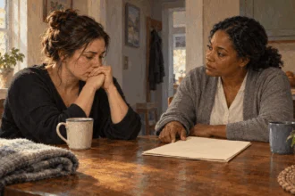 Conceptual painting of a bereaved family member speaking with a support counselor.