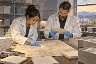 Conceptual painting of forensic specialists reviewing a blank map and sealed evidence containers in a lab.