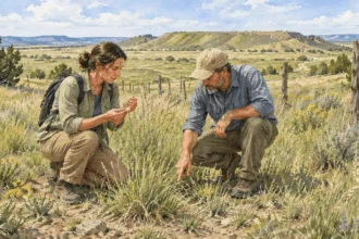 Conceptual watercolor of two civilian land stewards inspecting native grasses.