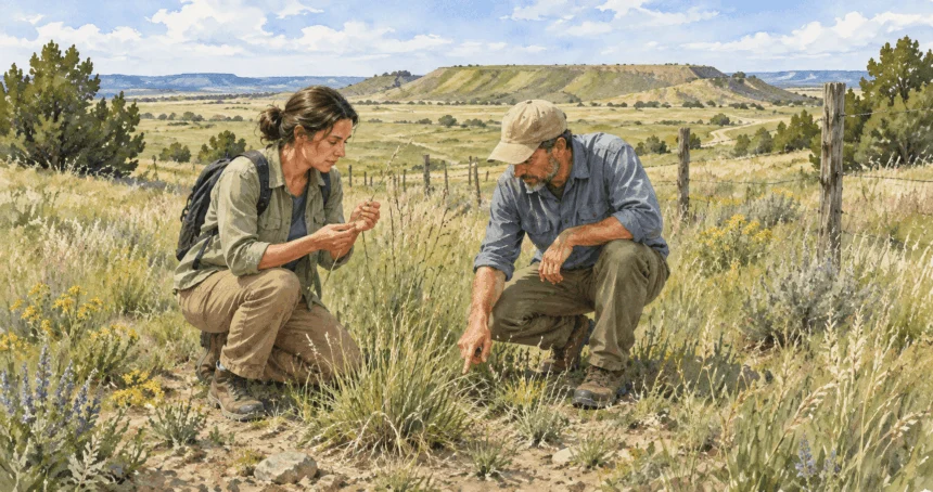 Conceptual watercolor of two civilian land stewards inspecting native grasses.