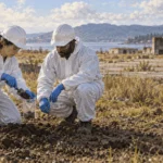 Conceptual painting of a crew sampling soil at a former military site.