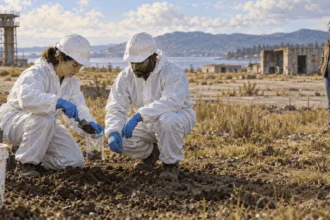 Conceptual painting of a crew sampling soil at a former military site.