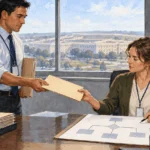 Conceptual painting of defense staff discussing an unmarked policy folder.