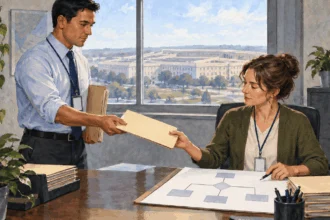Conceptual painting of defense staff discussing an unmarked policy folder.