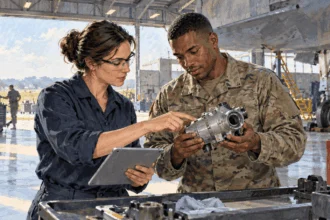 Conceptual painting of a civilian engineer and service member inspecting equipment.