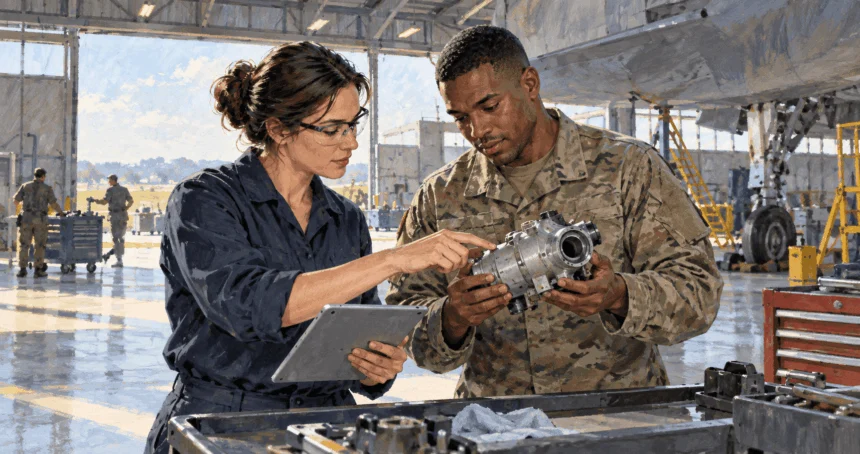 Conceptual painting of a civilian engineer and service member inspecting equipment.