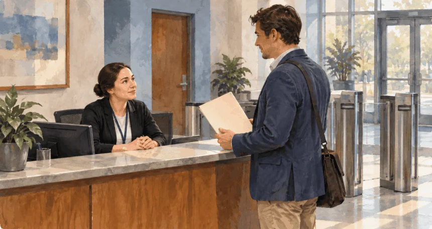 Conceptual painting of a civilian applicant asking about security-clearance requirements.