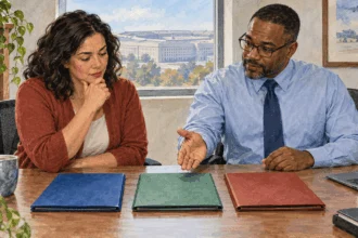Conceptual watercolor of a civilian employee discussing blank benefits folders with a counselor.
