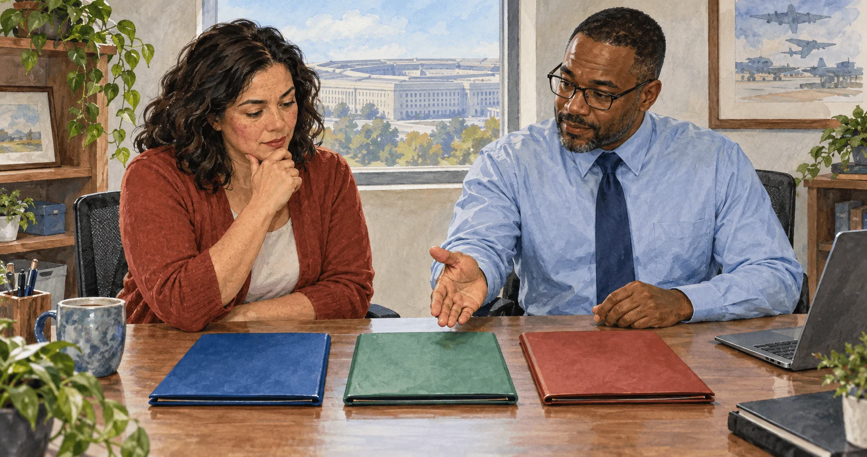 Conceptual watercolor of a civilian employee discussing blank benefits folders with a counselor.