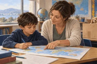 Conceptual painting of a teacher helping a child with a geography project.