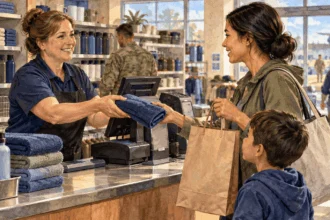 Conceptual watercolor of a civilian cashier serving a family at a base store.