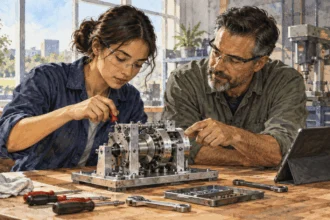 Conceptual watercolor of a civilian intern and mentor examining a mechanical prototype.