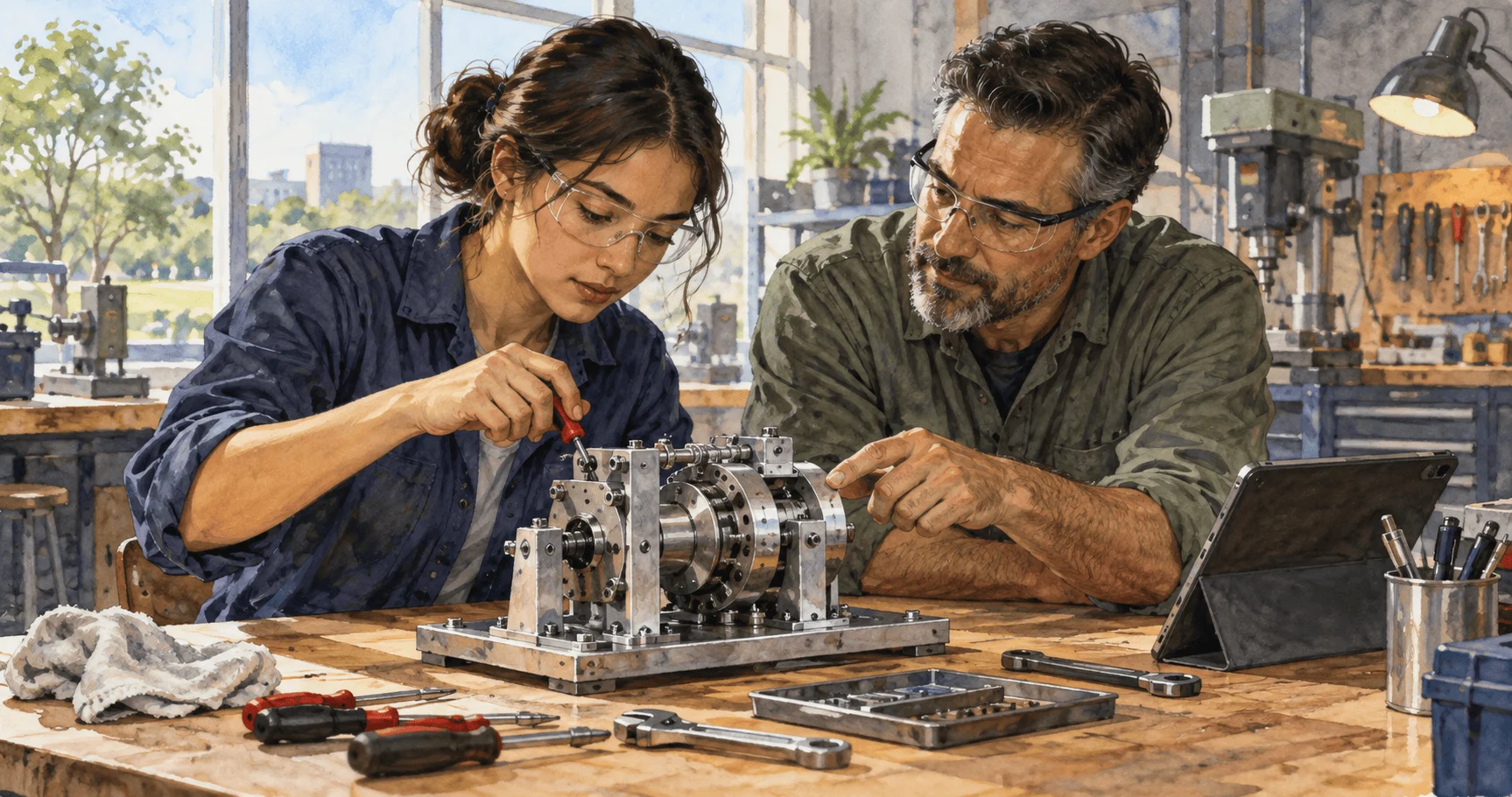 Conceptual watercolor of a civilian intern and mentor examining a mechanical prototype.