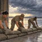 Conceptual painting of responders placing sandbags at a military hangar before a storm.