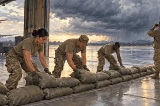 Conceptual painting of responders placing sandbags at a military hangar before a storm.