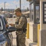 A guard checks a driver at a military gate beside a condition placard.