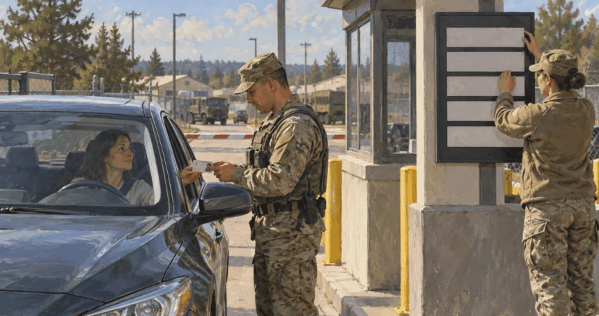 A guard checks a driver at a military gate beside a condition placard.
