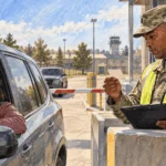Painted illustration of a visitor presenting a blank card at a controlled-access gate.