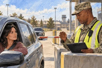 Painted illustration of a visitor presenting a blank card at a controlled-access gate.