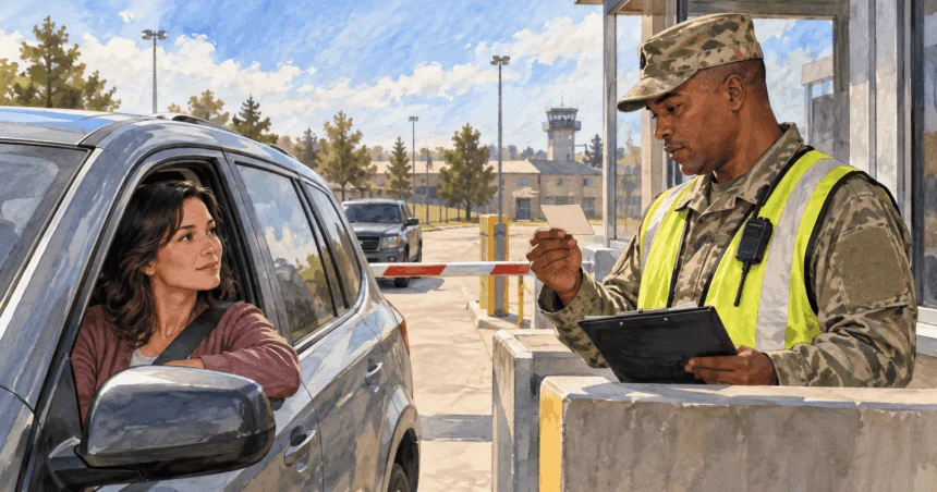 Painted illustration of a visitor presenting a blank card at a controlled-access gate.