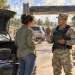 Conceptual painting of a visitor asking a base officer about a locked case before entry.