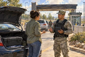 Conceptual painting of a visitor asking a base officer about a locked case before entry.