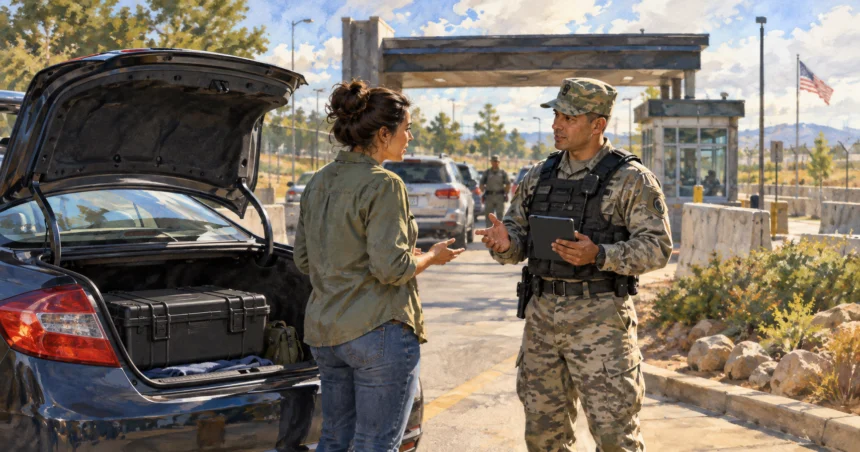 Conceptual painting of a visitor asking a base officer about a locked case before entry.