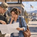 Conceptual painting of a military police officer helping a visitor at an installation gate.