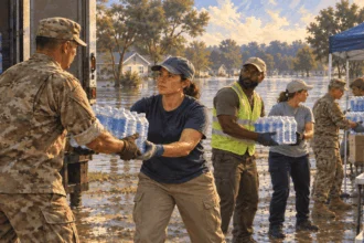 Conceptual painting of Guard members and local responders moving water at a relief station.